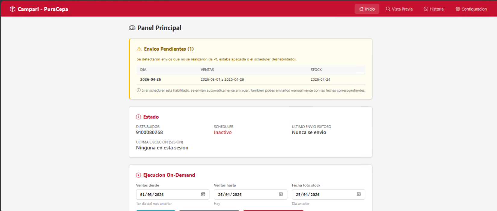 Panel de envio de informacion a sistema de tercero