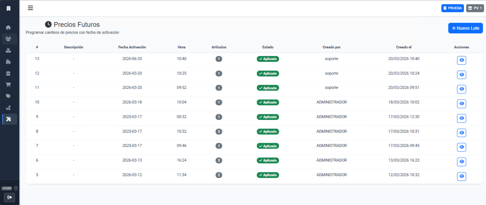 Sistema de aumentos de precios programados y promociones